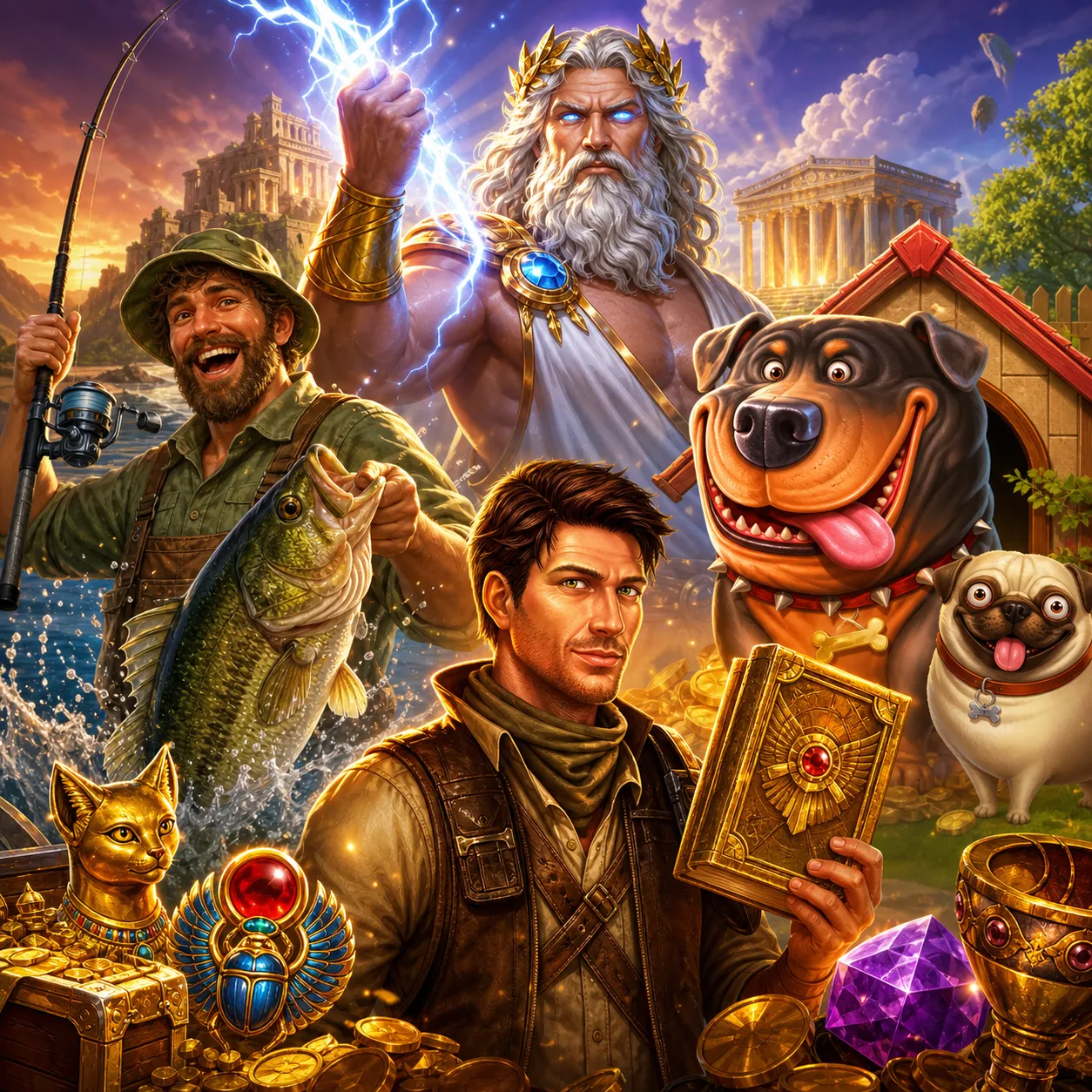 Illustrated fantasy world with vibrant slot game characters, mythical creatures, and colorful landscapes.